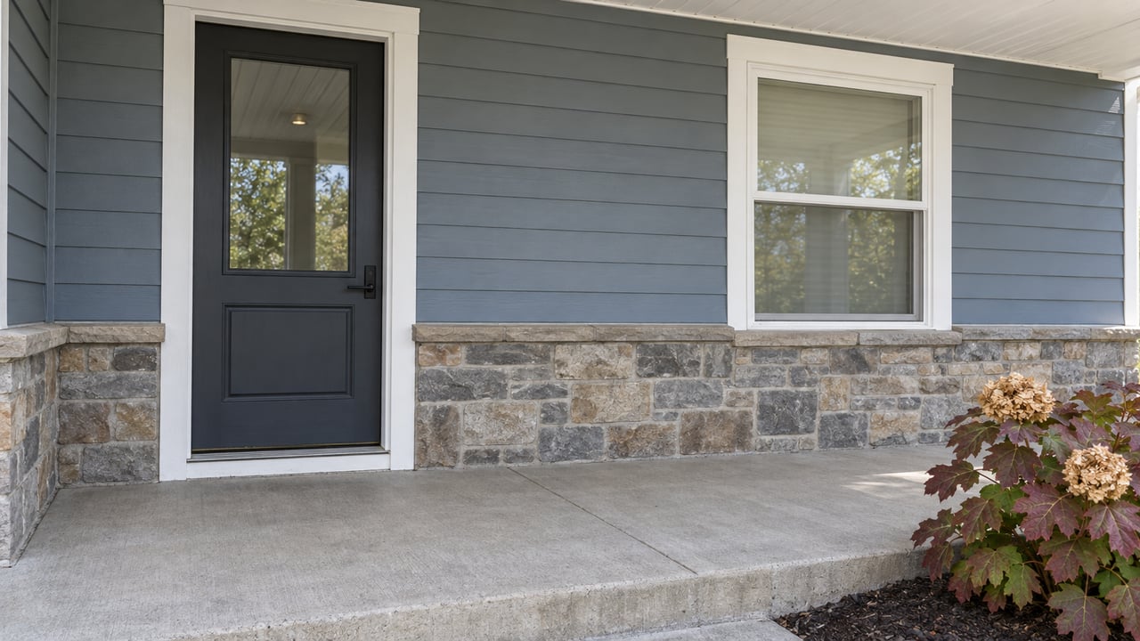 Covered residential entrance with blue-gray siding, a charcoal glazed door, white window trim, stone veneer and autumn oakleaf hydrangea.