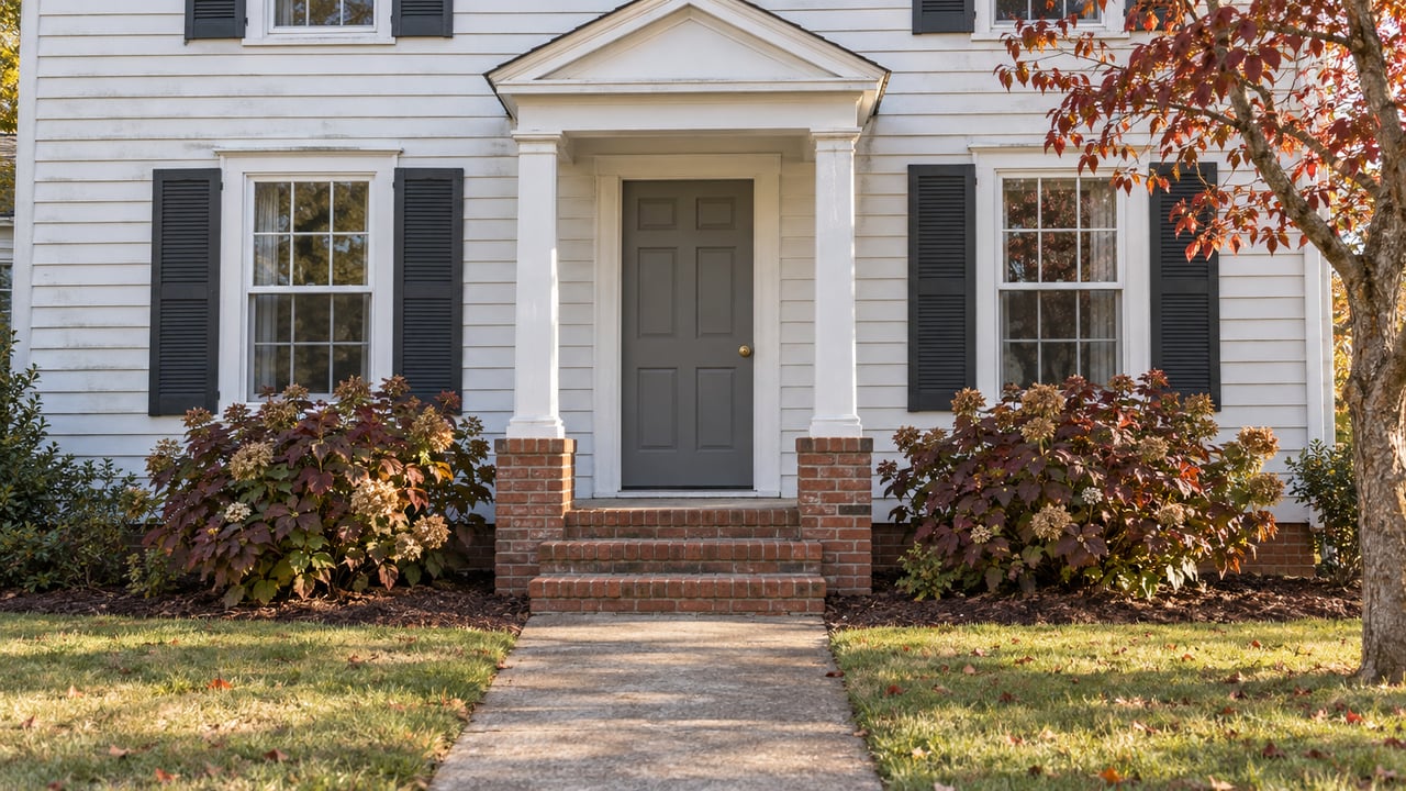 White clapboard home with a small pedimented entrance, weathered brick steps, dark shutters, and autumn dogwood leaves.