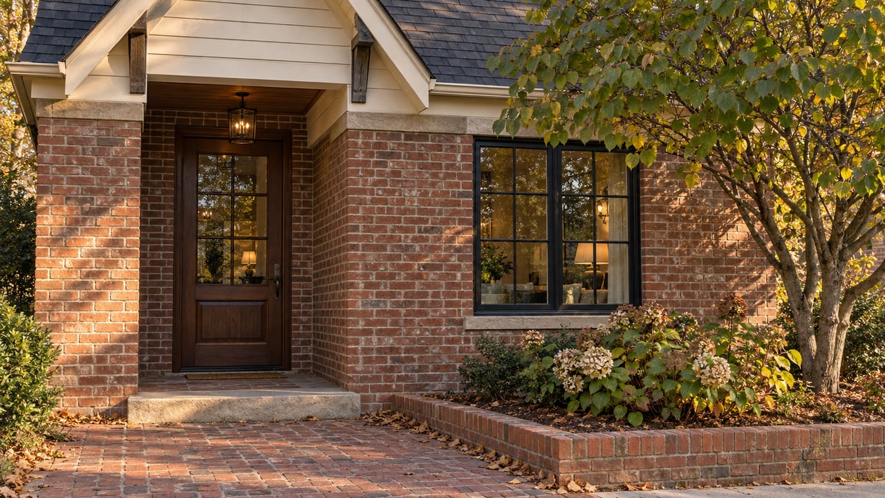 Brick house entry with a glazed timber door, divided-light window, and bronze-edged hydrangeas beneath a redbud tree.