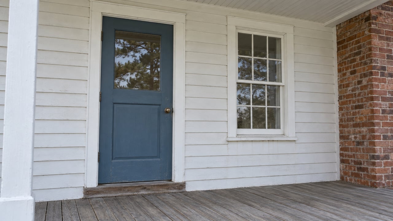 A closed blue wooden entry door beside a white sash window and red-brick chimney, above a weathered timber porch floor.