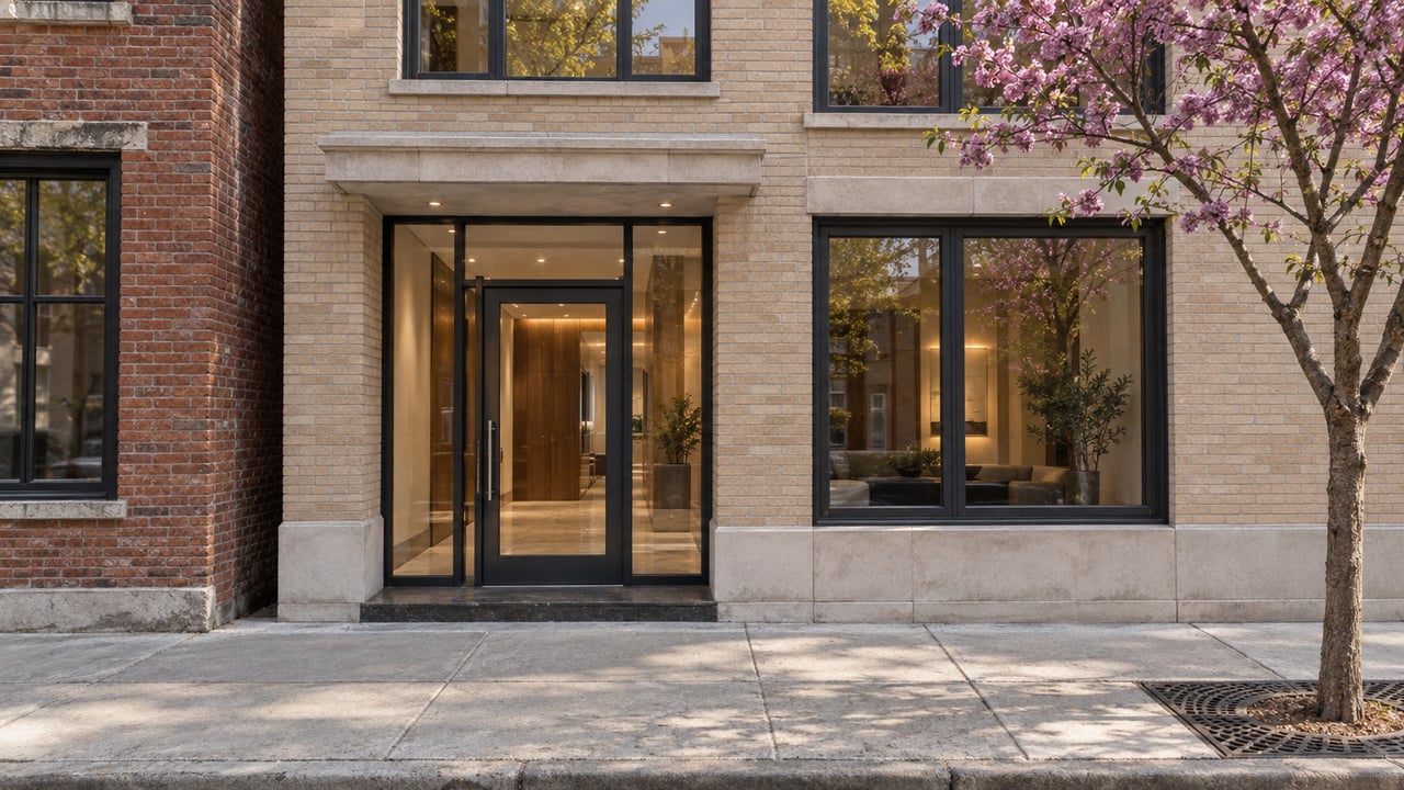 Buff brick residential entry with a glass door beside an older red-brick storefront and a sidewalk tree.