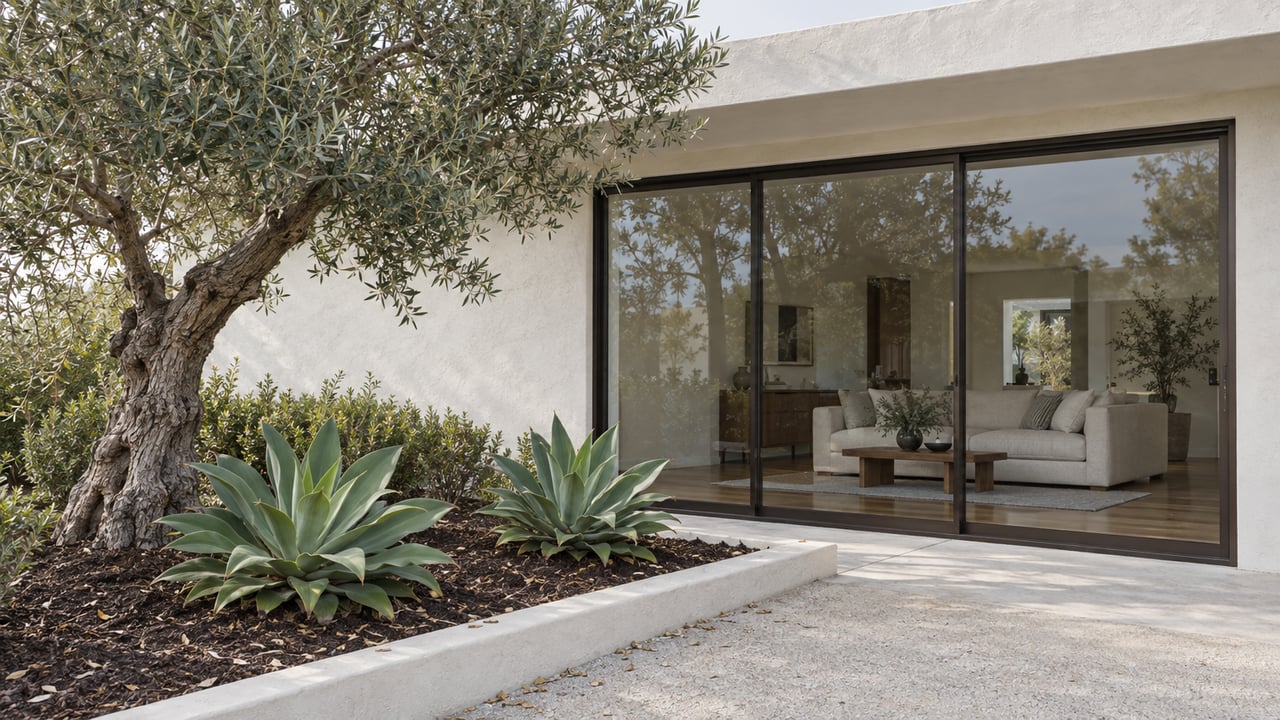 White-stucco coastal home with dark-framed glass doors, an olive tree, and two agave plants.