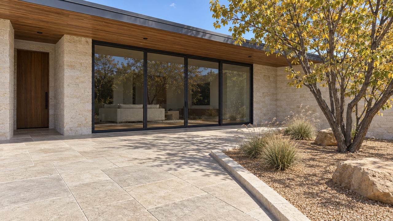 Low stone-and-wood home beside a pale paved terrace, with yellowing redbud leaves and dry blue grama grasses in an edged gravel bed.