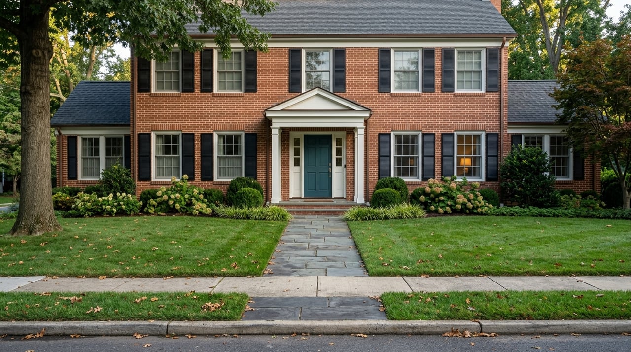 Colonial-style home with a landscaped, walkable approach beneath mature trees.