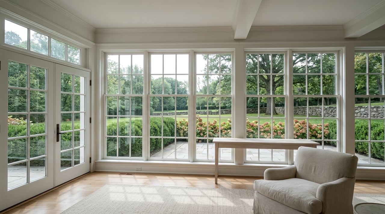 Sunlit garden room with divided-light windows, linen armchair, oak floor, and terrace garden beyond.