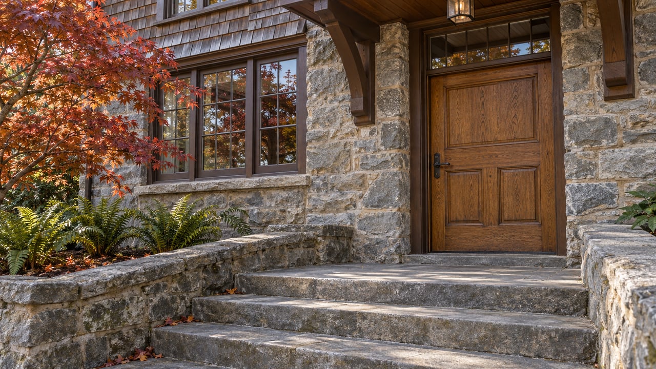 Amber oak entrance and divided-light window in a sandstone and cedar-shingle facade, above worn stone steps beside autumn maple leaves and sword ferns.