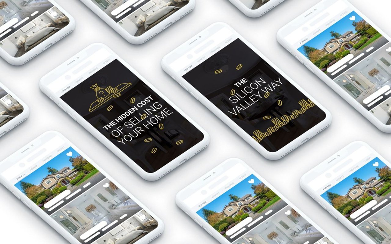 Smartphones show real estate listings and screens titled “The Hidden Costs of Selling Your Home” and “The Silicon Valley Way.”
