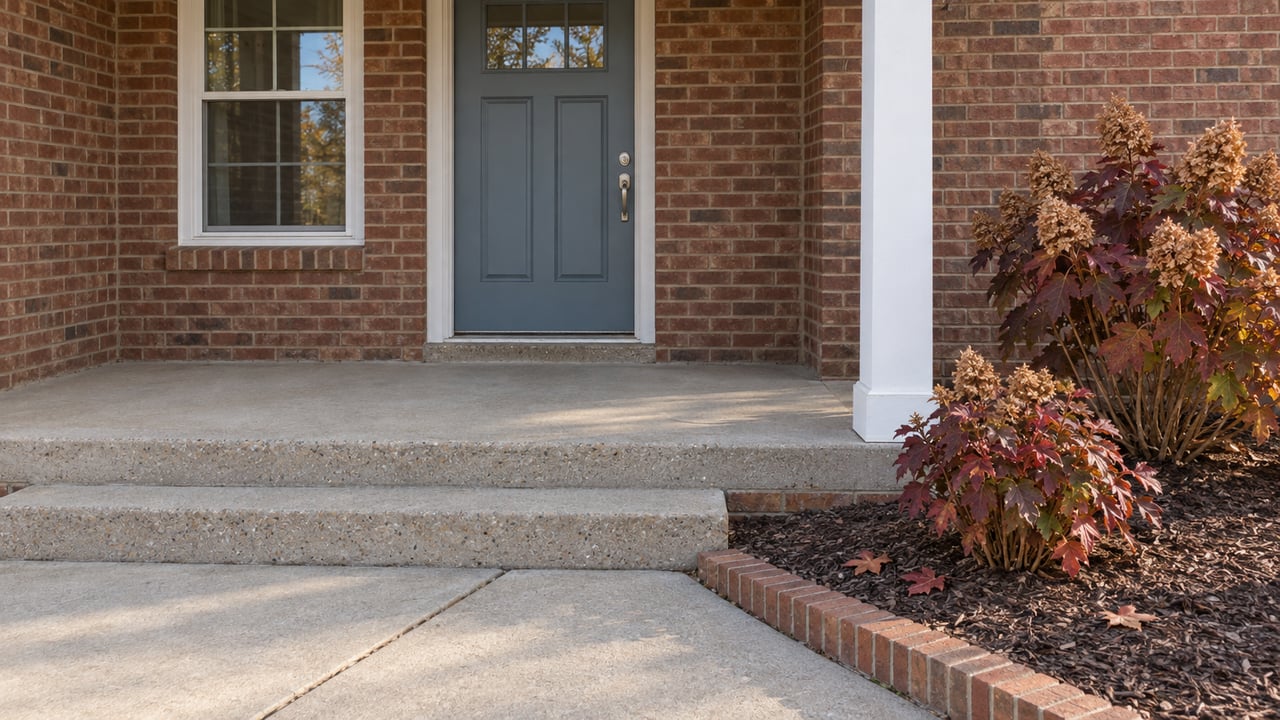 Brick home's blue-gray front door and concrete porch beside oakleaf hydrangeas with burgundy autumn leaves.