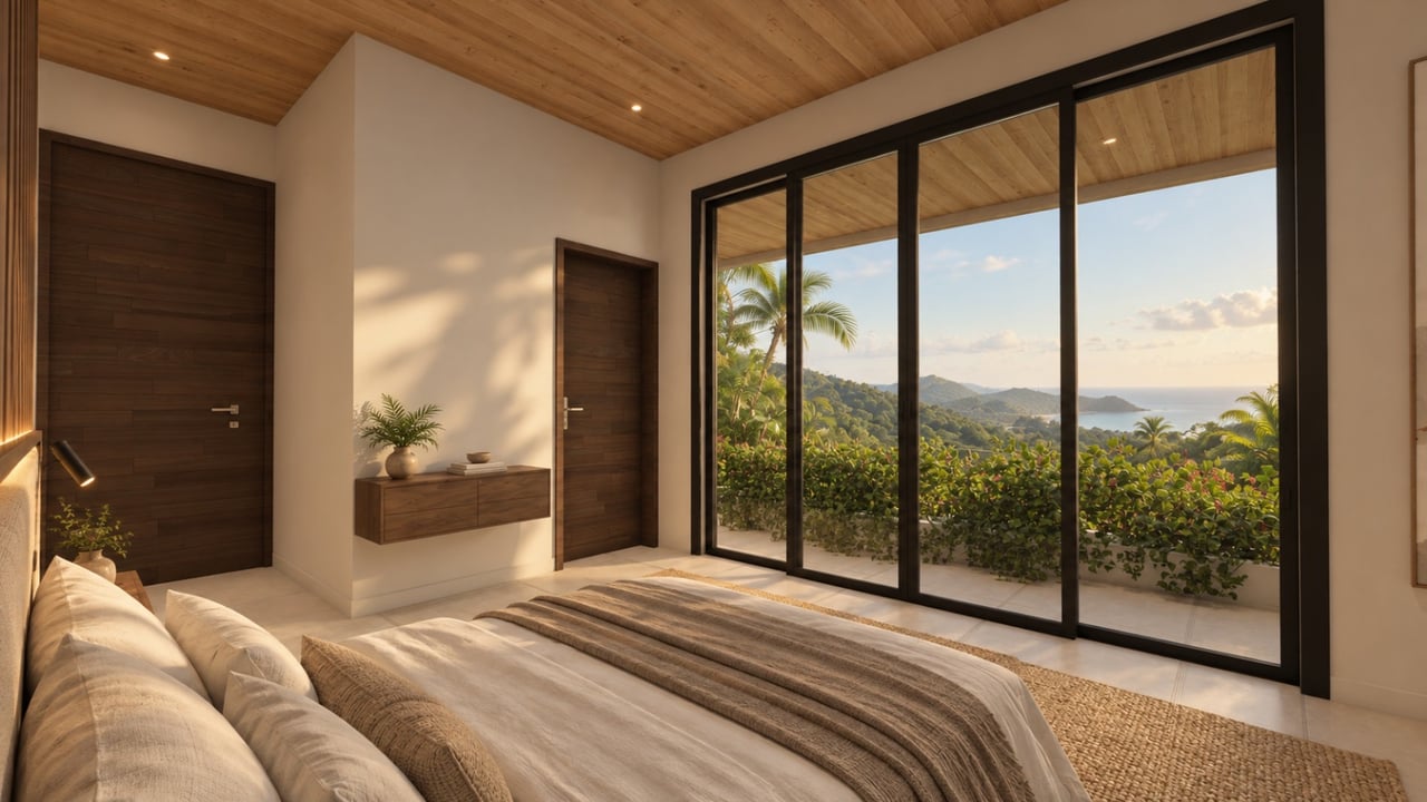 Rendered bedroom with a wood ceiling and sliding glass doors overlooking tropical hills and the ocean.