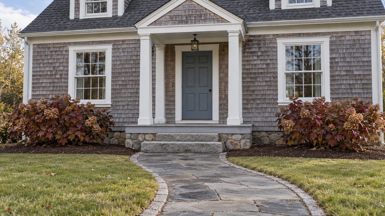 Weathered cedar-shingle home with white-trimmed windows, a blue front door, granite steps and autumn oakleaf hydrangeas beside a bluestone approach.