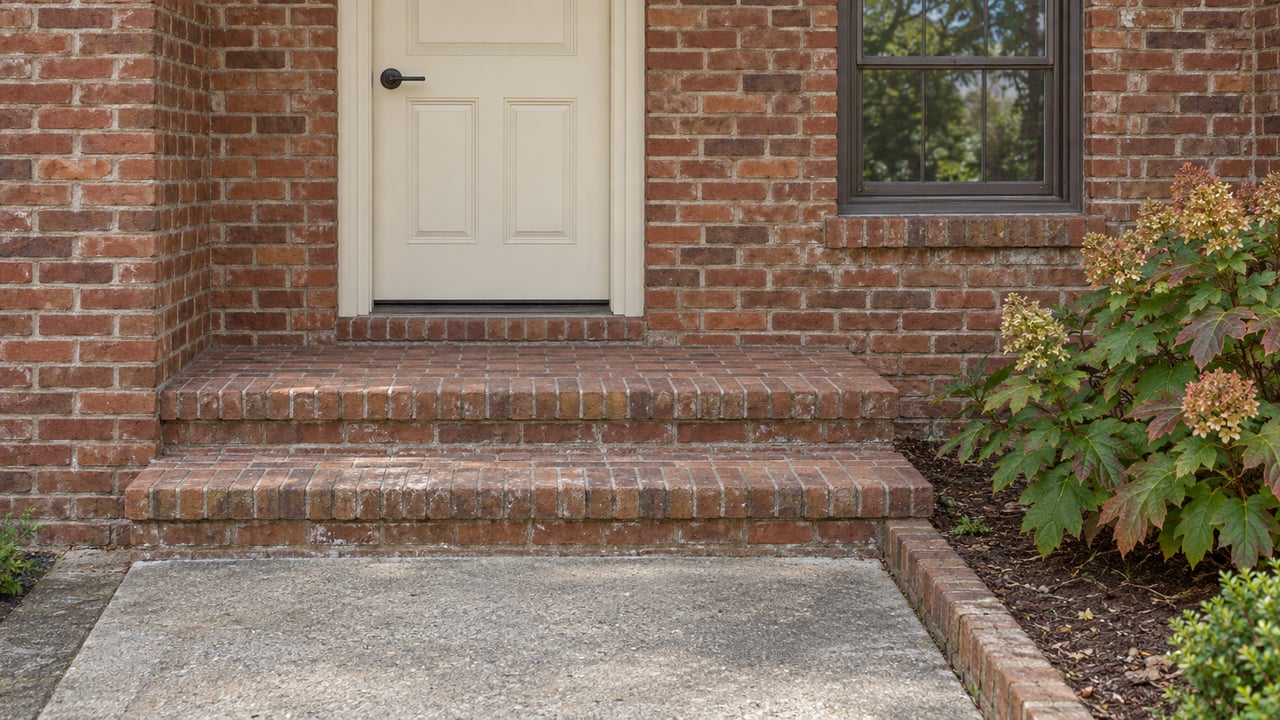 Brick house entry with a cream door, two-step stoop, and hydrangeas beside the walk.