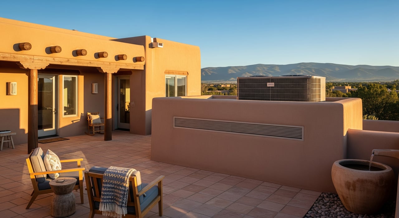 Terracotta rooftop patio with lounge chairs, a built-in grill, and distant mountains at sunset.