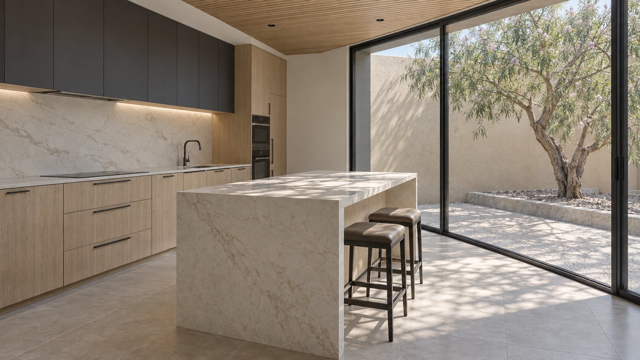 Contemporary kitchen with pale oak cabinets, stone island, charcoal cupboards, and a courtyard tree beyond glass.