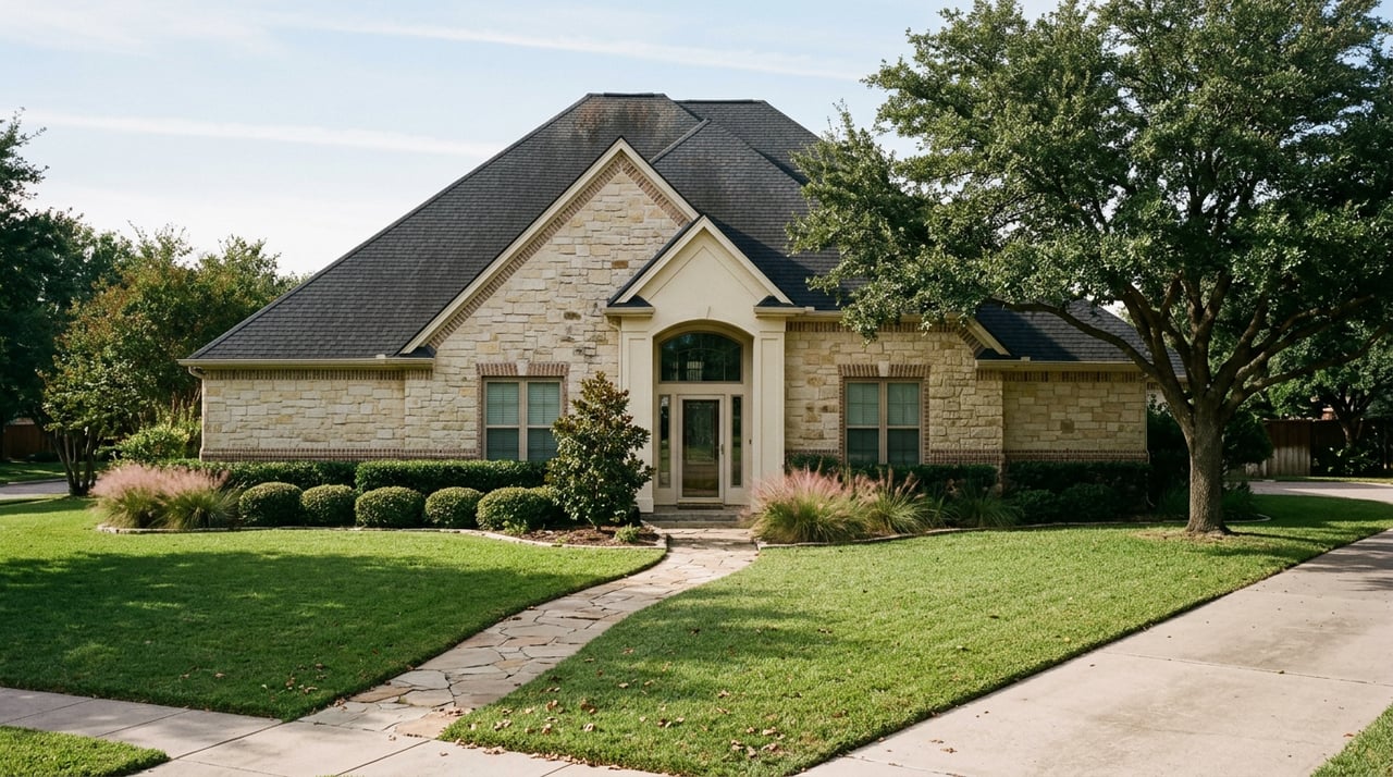Stone suburban house with a steep dark roof and arched window, fronted by a broad lawn, oak tree, and driveway.