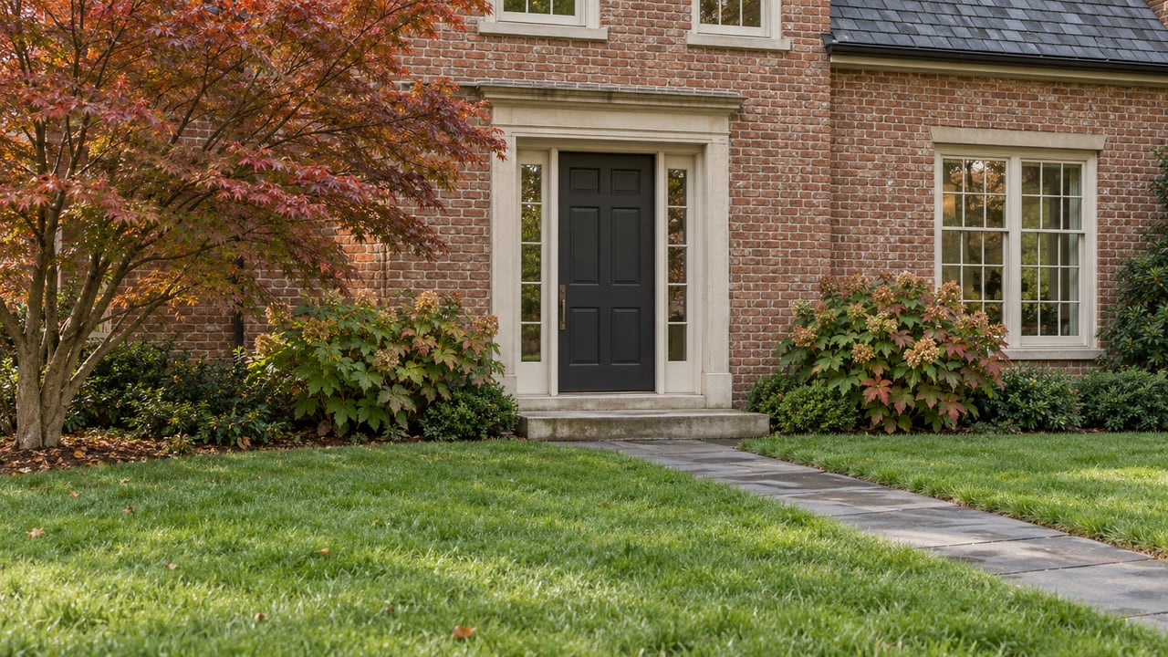 Brick family house with a charcoal door, flanking sidelights, slate roof, and bluestone walk across a broad lawn.
