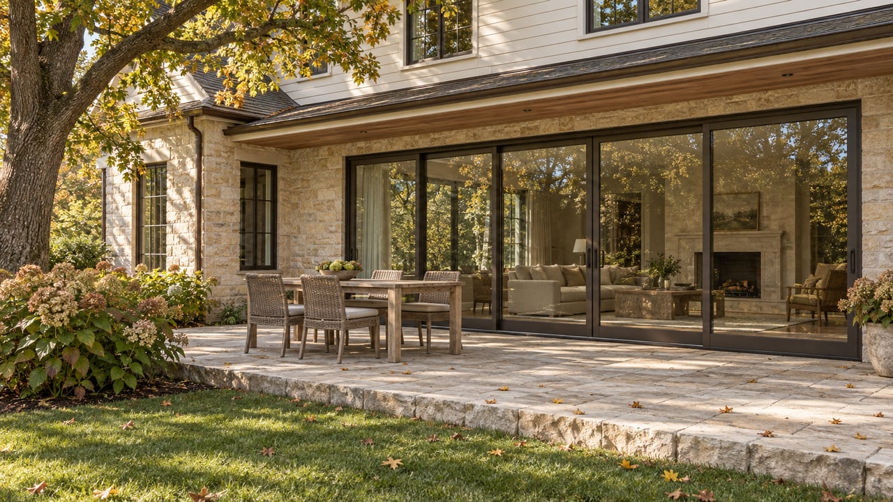 Limestone terrace with a teak dining table and woven chairs beside a glass-walled house, under an oak canopy.