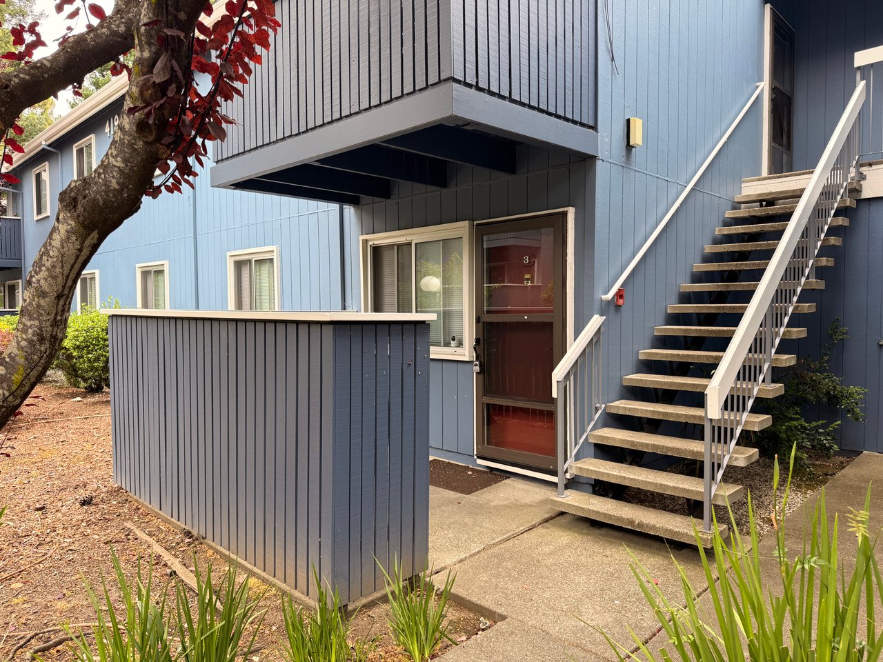 Front exterior of 419 Piccadilly Place #3 condominium in the Peninsula Place community in San Bruno, California.