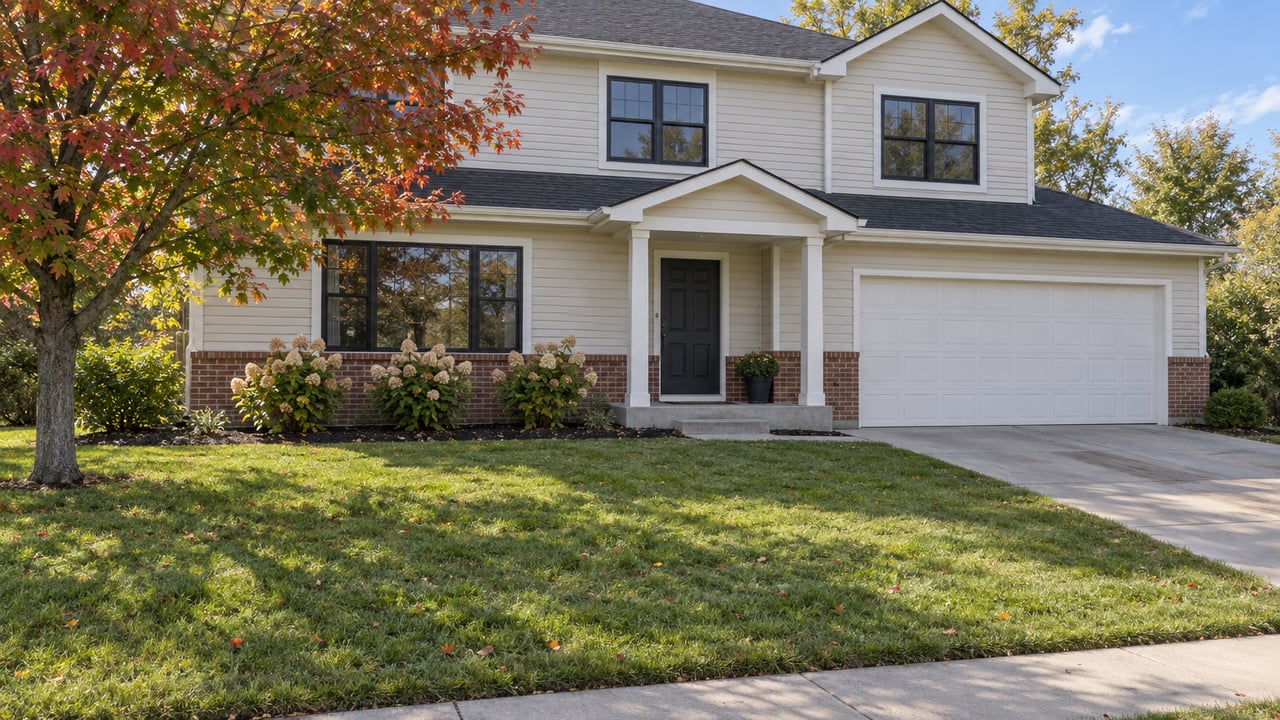 Two-story ivory-sided home with a brick base, attached garage, deep front lawn and a red maple beginning to show autumn color.