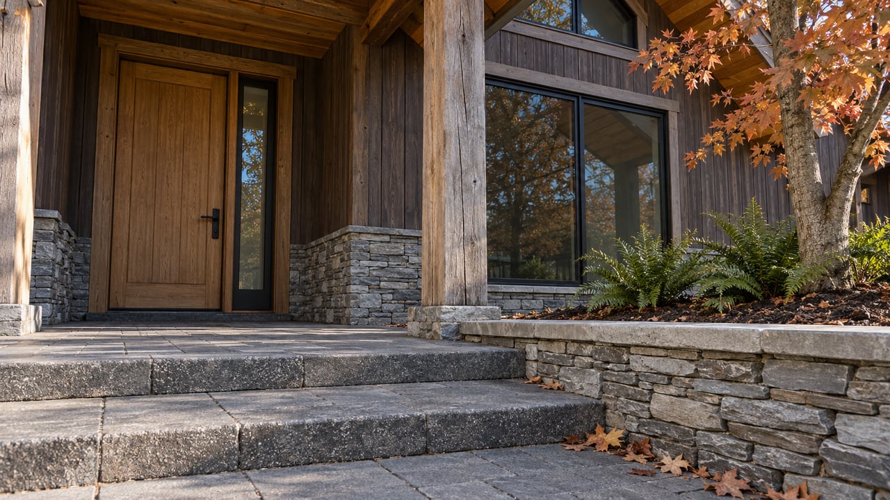 Late-autumn sunlight on a timber-framed home entry, gray stone retaining wall and broad paver steps beside a copper-leaved sugar maple.