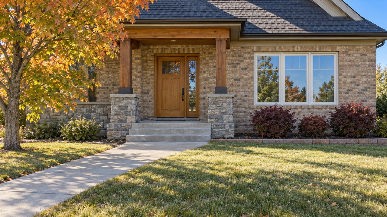 Buff brick home with a timber porch, stone base, broad front walk, lawn and an autumn maple.