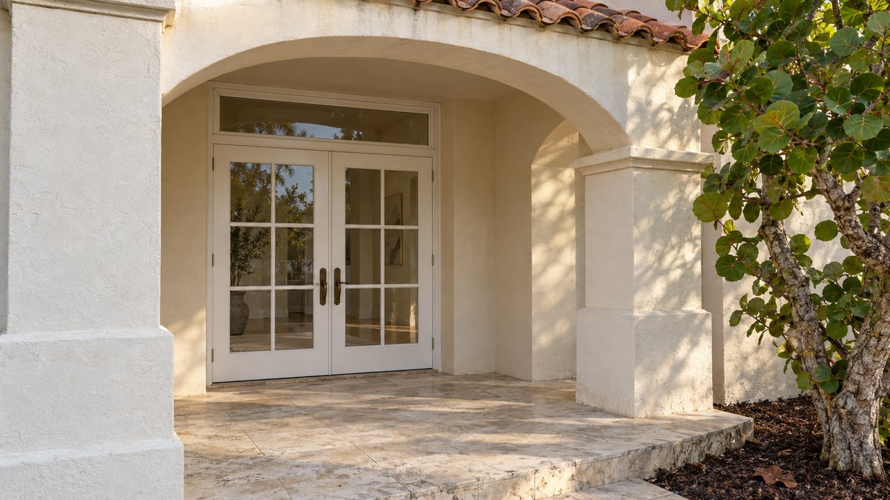 Cream stucco arched entrance with paired glazed French doors, worn limestone paving and a sea grape tree.