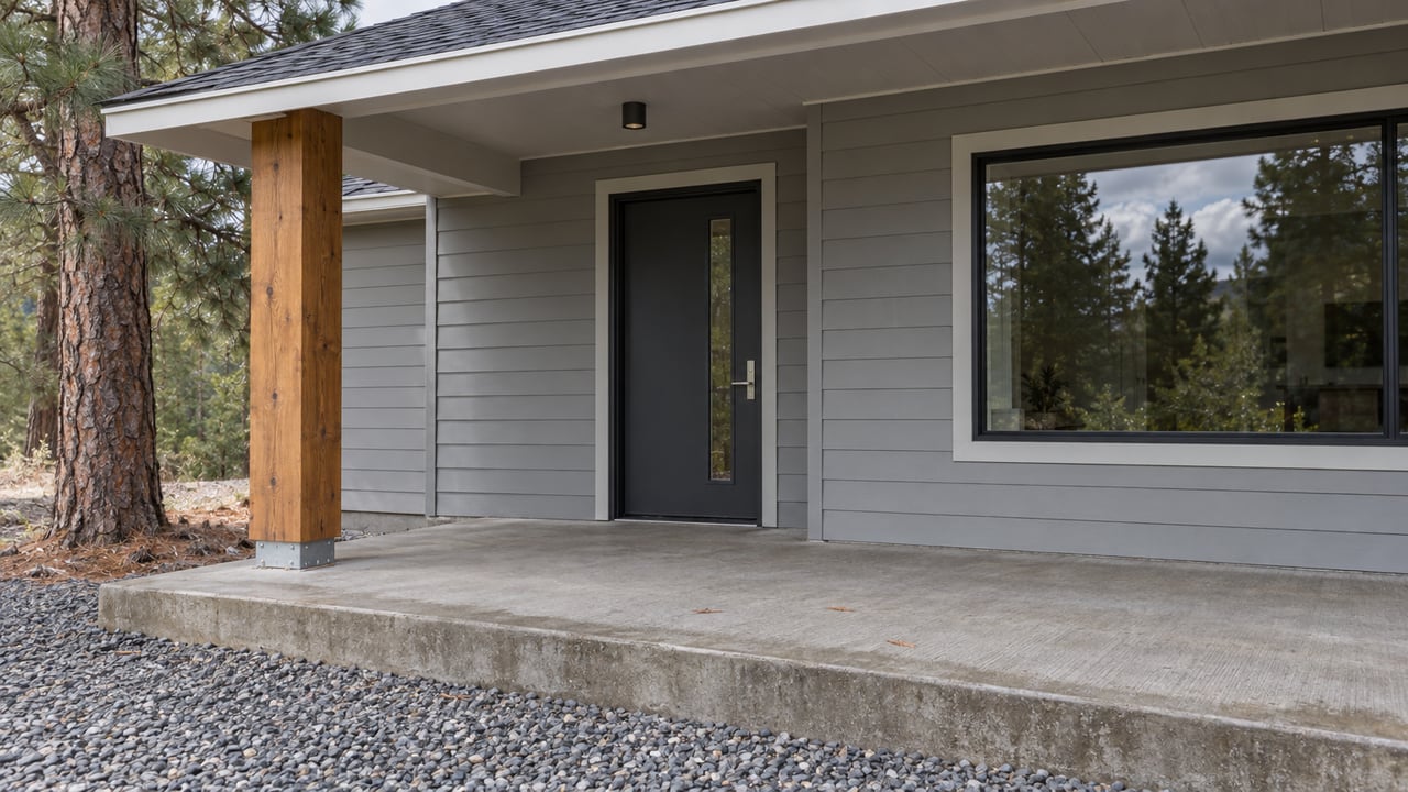 Modern home entrance with a black door, covered concrete porch, and timber support post.