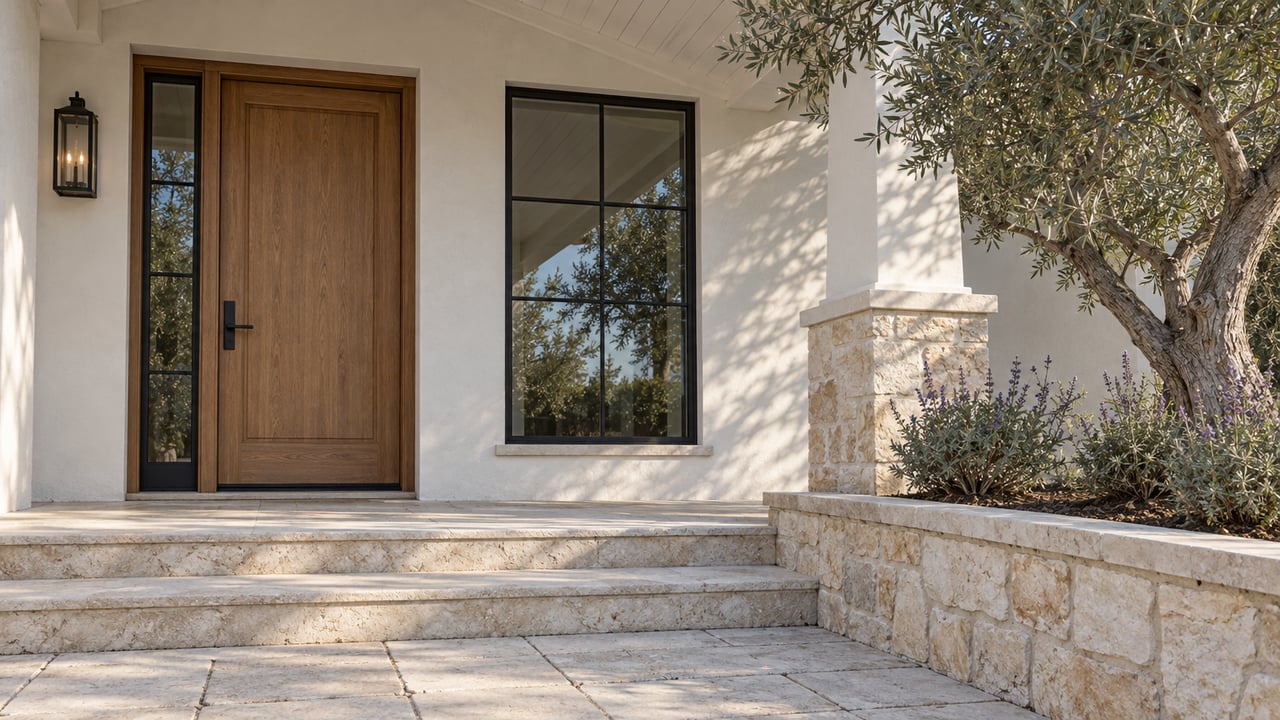 Sunlit limestone steps lead to an oak front door beneath a white covered porch, beside a black-framed window and an olive tree in a raised stone bed.