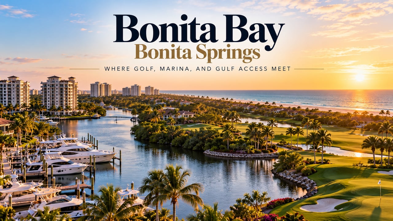 Bonita Bay in Bonita Springs, Florida, featuring championship golf, a full-service marina with Gulf access, waterfront homes, luxury condominiums, and the coastal lifestyle of this premier Southwest Florida community.
