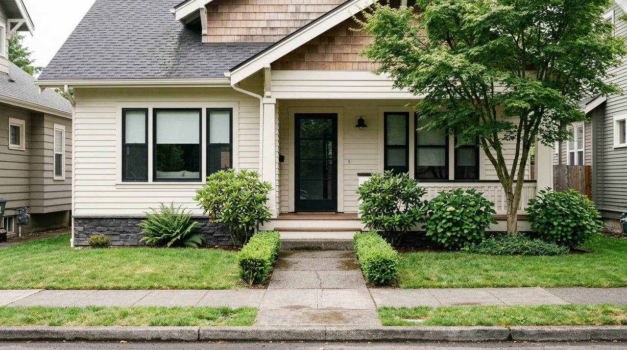 Updated Craftsman exterior with black windows, cedar shingles, and basalt porch.
