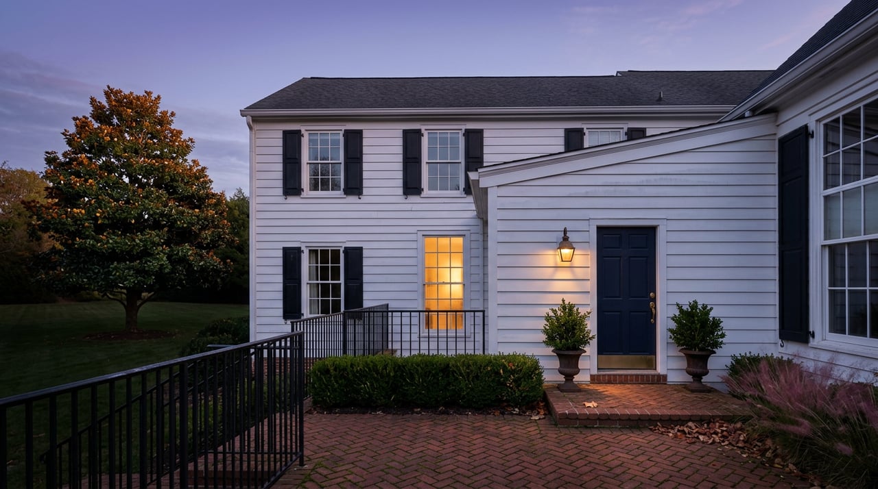 Clapboard house rear facade at dusk, with one glowing window, iron balcony rail, brick terrace, and magnolia tree.