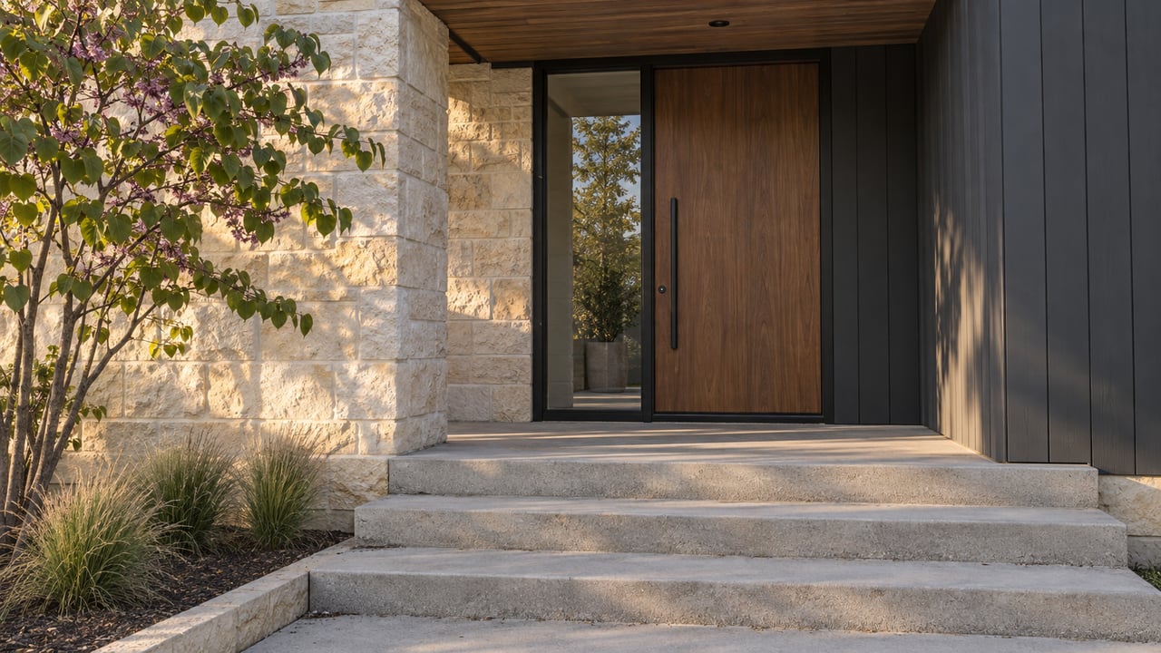 House entry with limestone pier, charcoal siding, walnut door, glass sidelight, and broad concrete steps.
