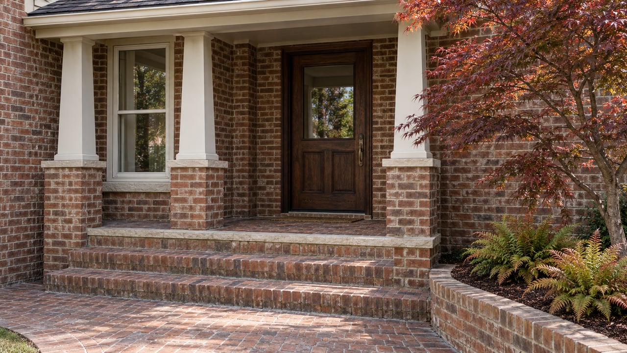 Weathered brick home entrance with an oak door, ivory porch supports, brick steps, and a Japanese maple in a raised bed.