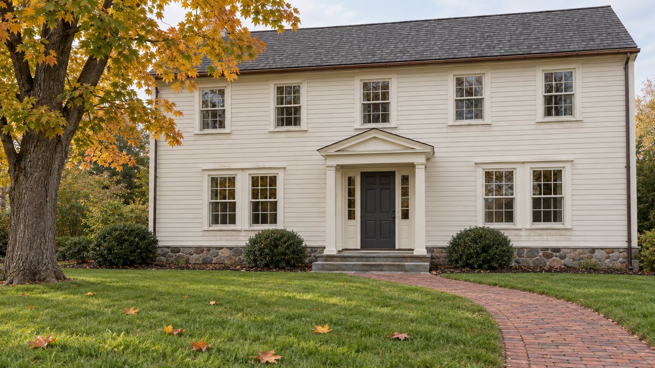 Ivory clapboard house with divided-light windows, a brick front walk, broad lawn, and a mature maple in autumn color.