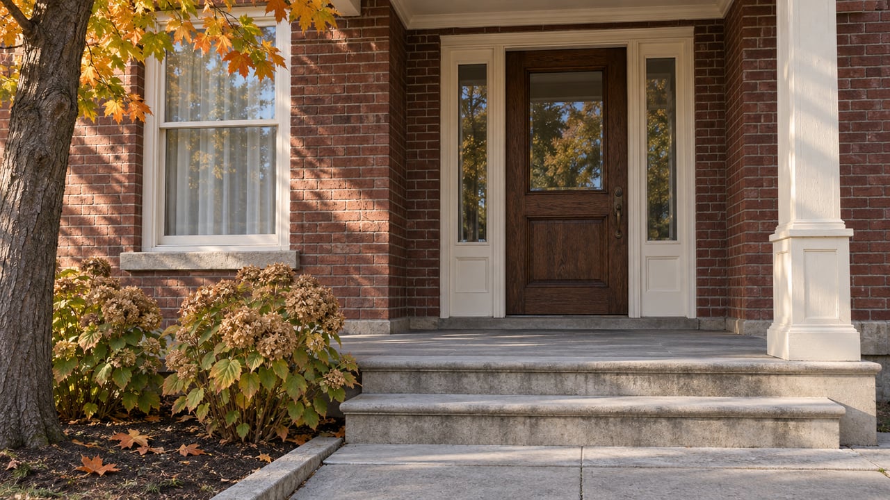 Autumn morning light on a brick home's covered oak entry, ivory trim, limestone steps and dried hydrangea flowers.