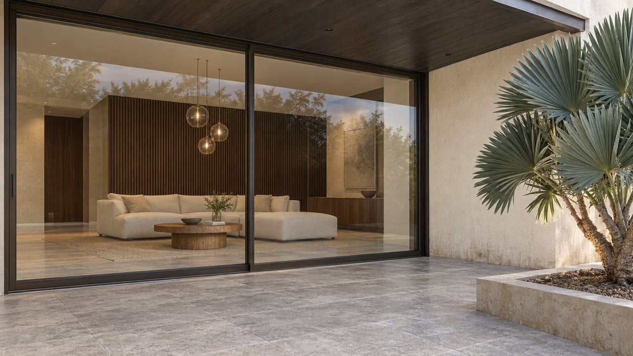 Contemporary home's limestone terrace beside closed bronze-framed living-room glazing, with walnut interiors and a sculptural fan aloe in a raised stone bed.
