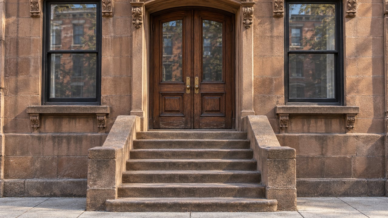 Morning light grazes a weathered sandstone townhouse entrance with walnut double doors, tall sash windows and broad stone steps.