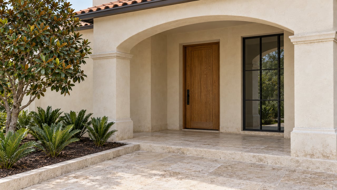 Cream stucco home with an arched porch, terracotta roof tiles, oak entry door, black-framed window and limestone approach beside magnolia foliage.