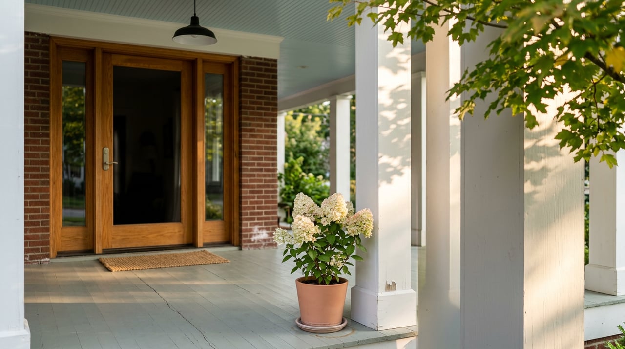 Covered porch with a white column, oak door, potted pink-tinged hydrangeas, and a black pendant beneath a blue ceiling.