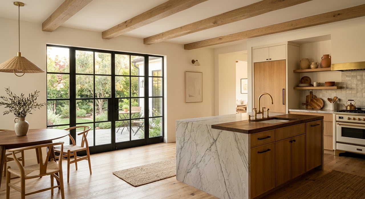 Open-plan kitchen with veined quartzite island, brass pendants, and an oak dining table beside a glass door.