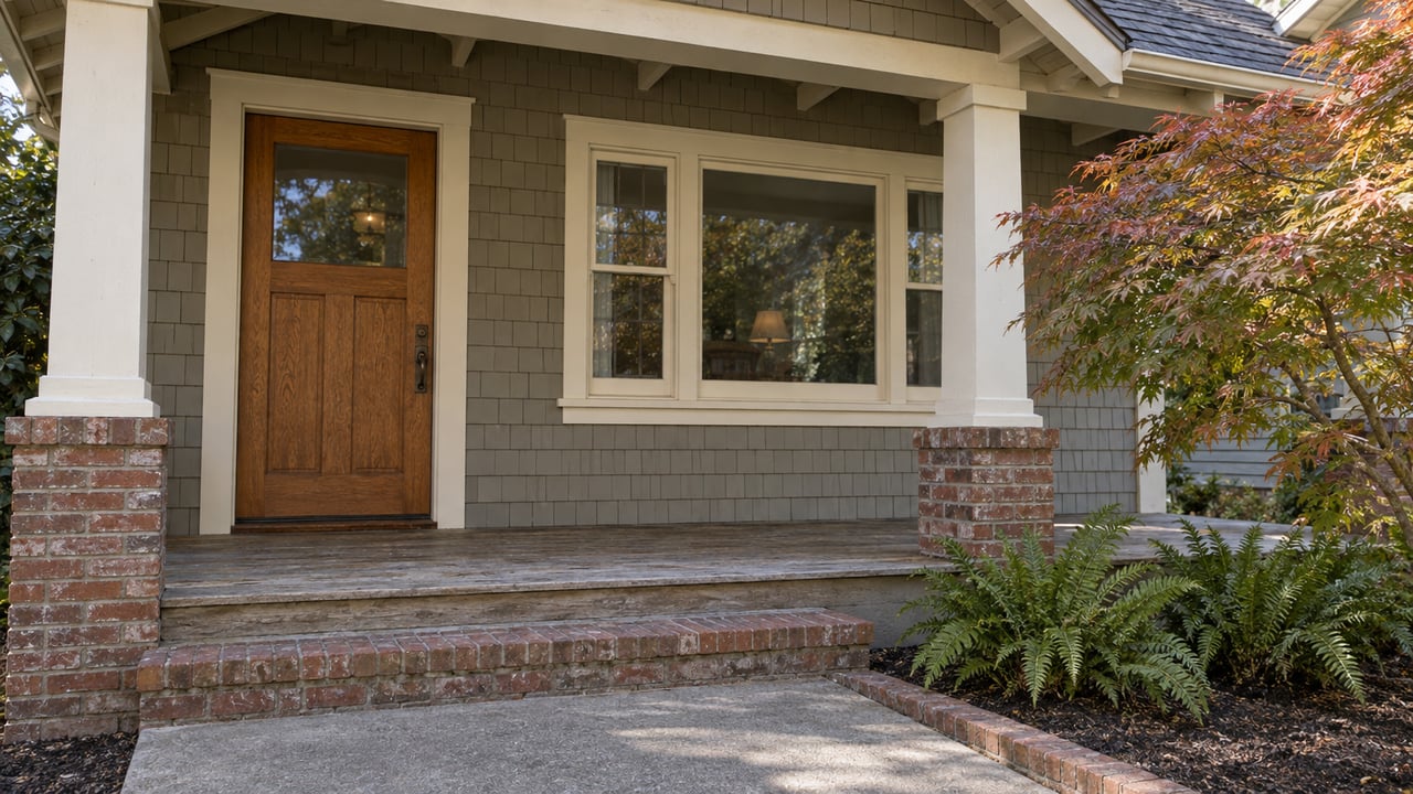 Shingle-clad house entry with cream porch trim, an oak door, brick steps, and a Japanese maple beside the approach.