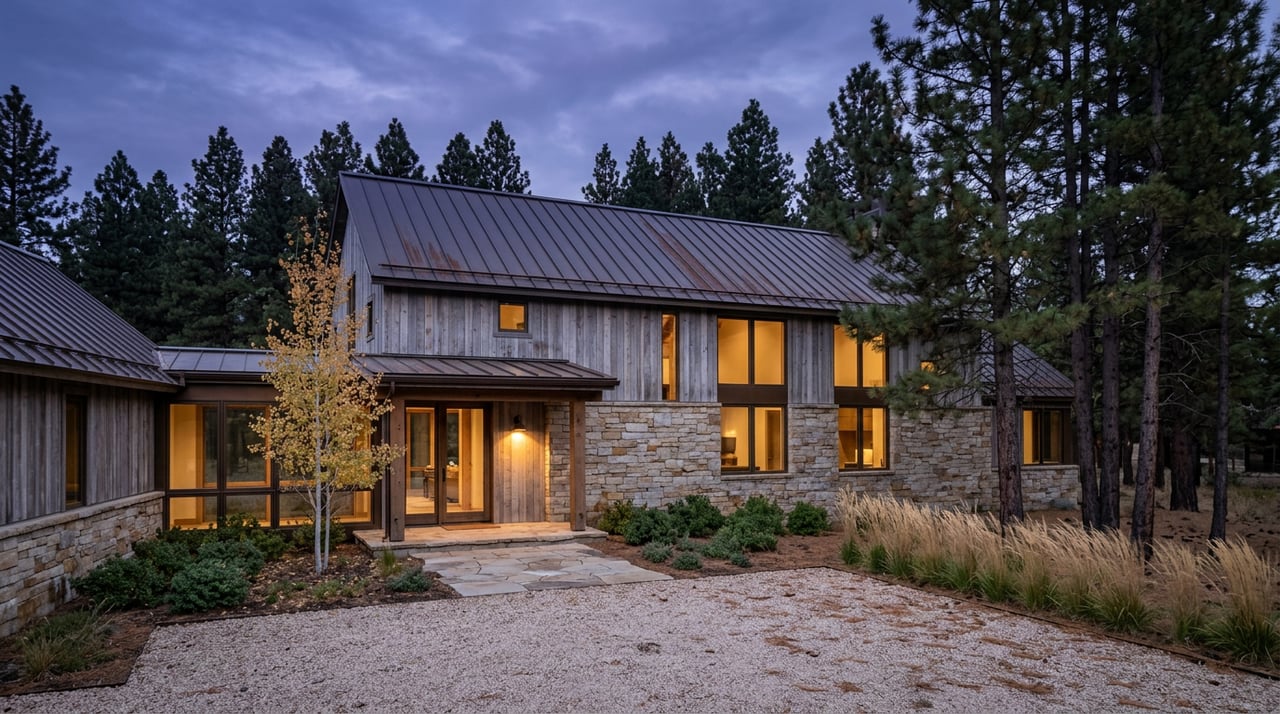 Two-story stone-and-cedar home glows through windows at dusk, above a gravel drive framed by pines.