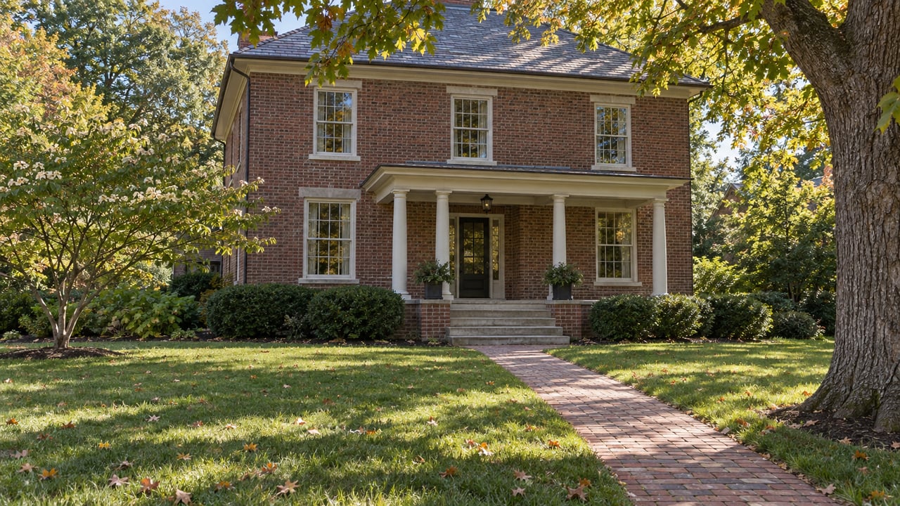 Two-story brick house with a covered porch, brick walkway, deep lawn, and oak canopy.
