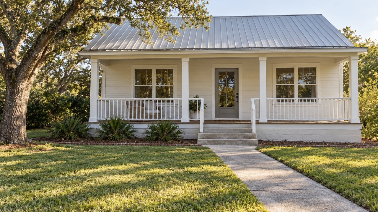White single-story house with a covered porch, metal roof, and large shade tree.