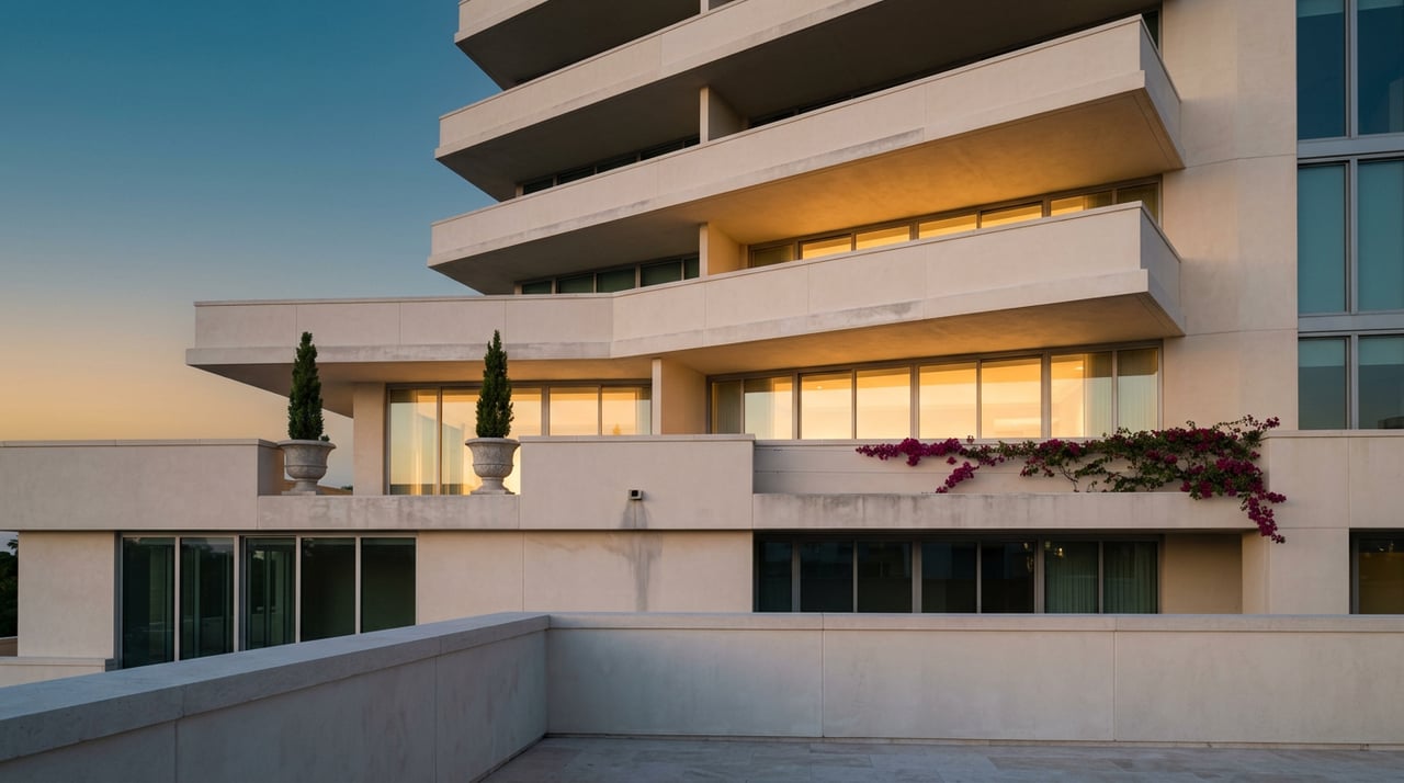 High-rise facade with deep stacked terraces, warm glowing windows, and cypress urns against dusk sky.