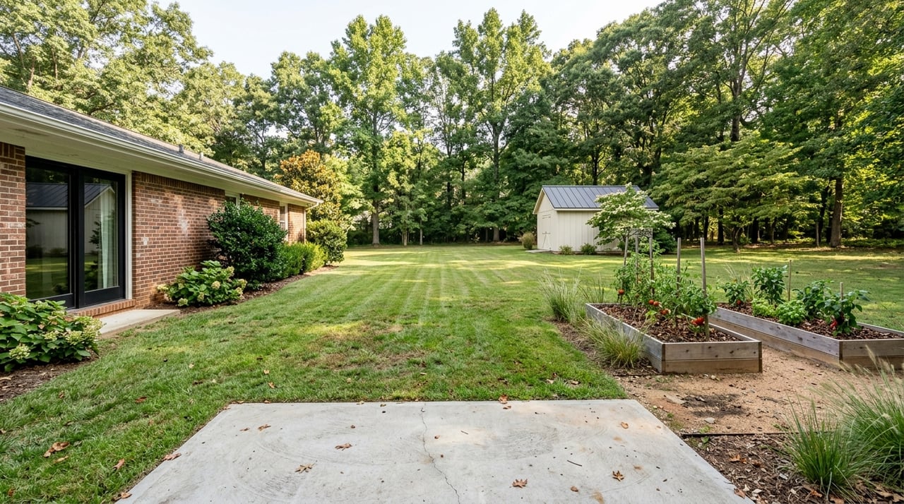 Raised cedar beds and a small shed sit in a lawn bordered by mature trees.