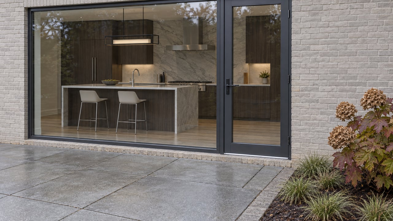 Gray brick rear terrace with closed glass doors revealing a dark-wood kitchen, bordered by oakleaf hydrangea and sedge.