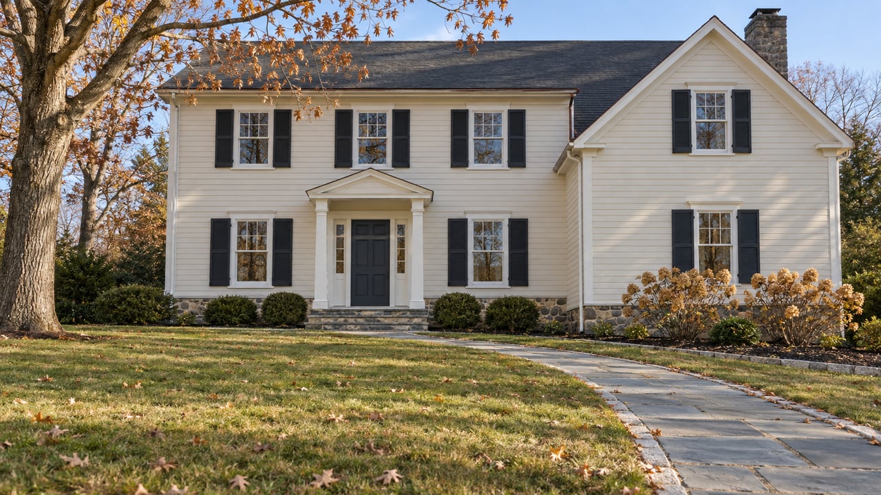 Ivory clapboard home behind a broad late-autumn lawn, with dark shutters, a bluestone approach and a nearly bare sugar maple.