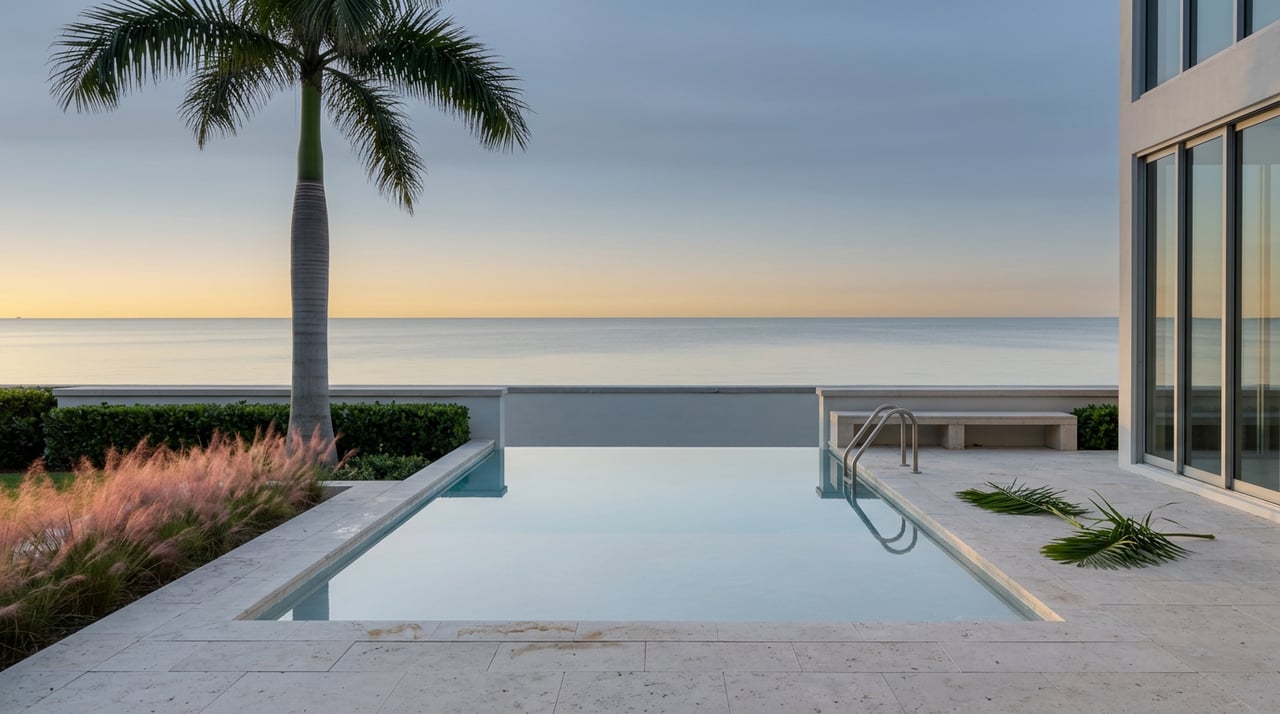 Oceanfront terrace with an infinity pool, royal palm, and water beneath a blue-gray dawn sky.