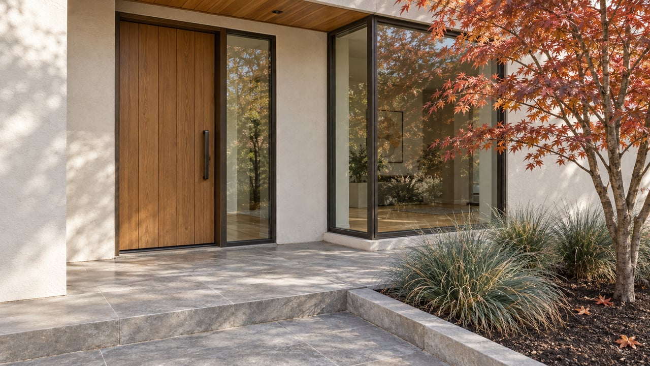 Warm wood entry door and bronze-framed windows beside a copper-red Japanese maple, with a limestone landing and cream stucco facade.