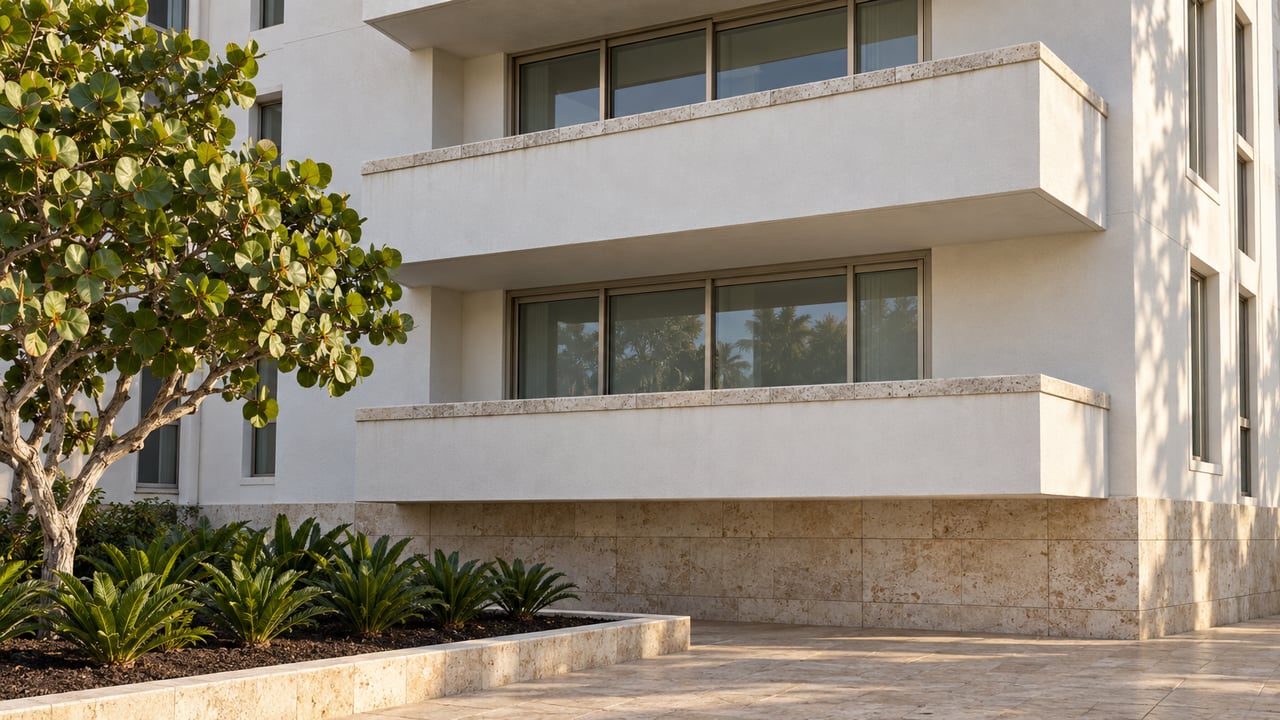 Close architectural view of a white condominium facade with stacked solid-parapet balconies, closed glass doors, limestone paving, and a sculptural sea grape tree.